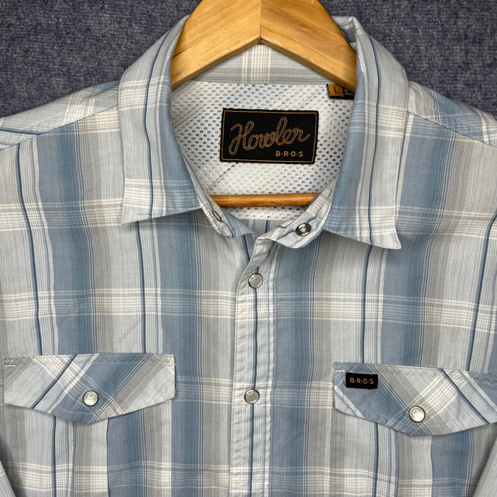 Howler Brothers H Bar B Mens Large Blue Plaid Western Pearl Snap Long Sleeve